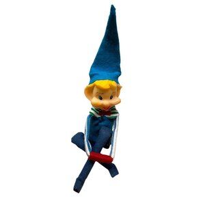 Vintage Knee Hugger Elf Figurine Blue Hat Striped Blond Scarf Christmas Decor